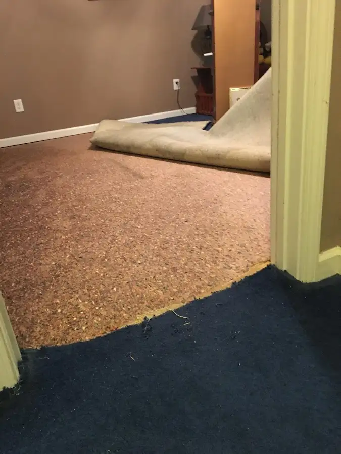 Carpet pad removal revealing water damage during Drying & Dehumidification in Big Lake